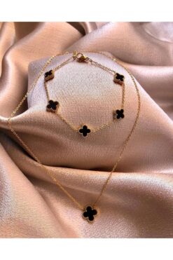 Großhandel Goldfarbenes schwarzes Perlmutt-Van-Cleef-Halsketten-Armband-Set – 3211