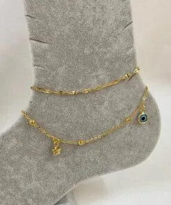 Wholesale Gold Color Zircon Star Nazar Model Singapore And Ball Chain Steel Anklet - 3230