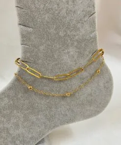 Wholesale Gold Color Paperclip And Ball Chain Steel Anklet - 3240