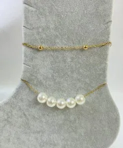 Wholesale Gold Color Five Pearls Model Ball And Sf Chain Steel Anklet - 3255