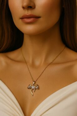 Collier en acier avec nœud en forme de cœur et pierre blanche, couleur or, vente en gros - 3654