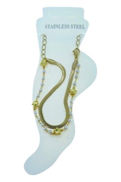 Bracelet de cheville en acier doré avec rangée d'étoiles italiennes et perles - 3497