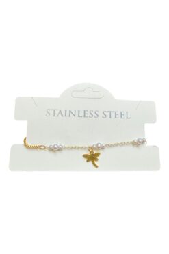 Bracelet élévateur en acier couleur or 3 perles motif libellule - 3580