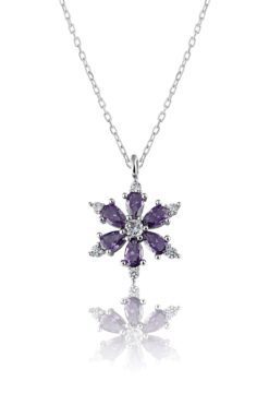 Альтернативный взгляд на Toptan Gümüş Renk Mor Damla Taşlı Lotus Kamelya Çiçeği Çelik Kolye - 3417