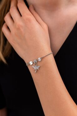 Bracelet en acier argenté avec chaîne libellule et ascenseur - 3616
