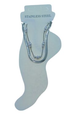 Bracelet de cheville en acier argenté avec 3 perles italiennes - 3492