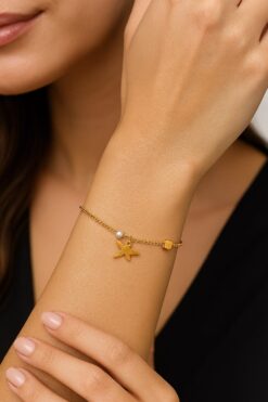 Bracelet en acier avec perle cubique et libellule couleur or, vente en gros - 3614