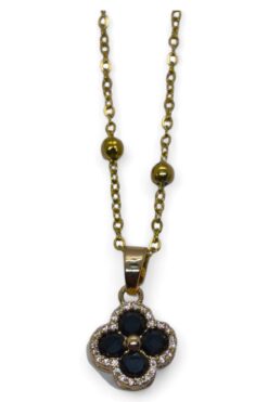 Toptan Altın Renk Siyah Taş Van Cleef Yonca Model Top Zincir Çelik Kolye - 3687