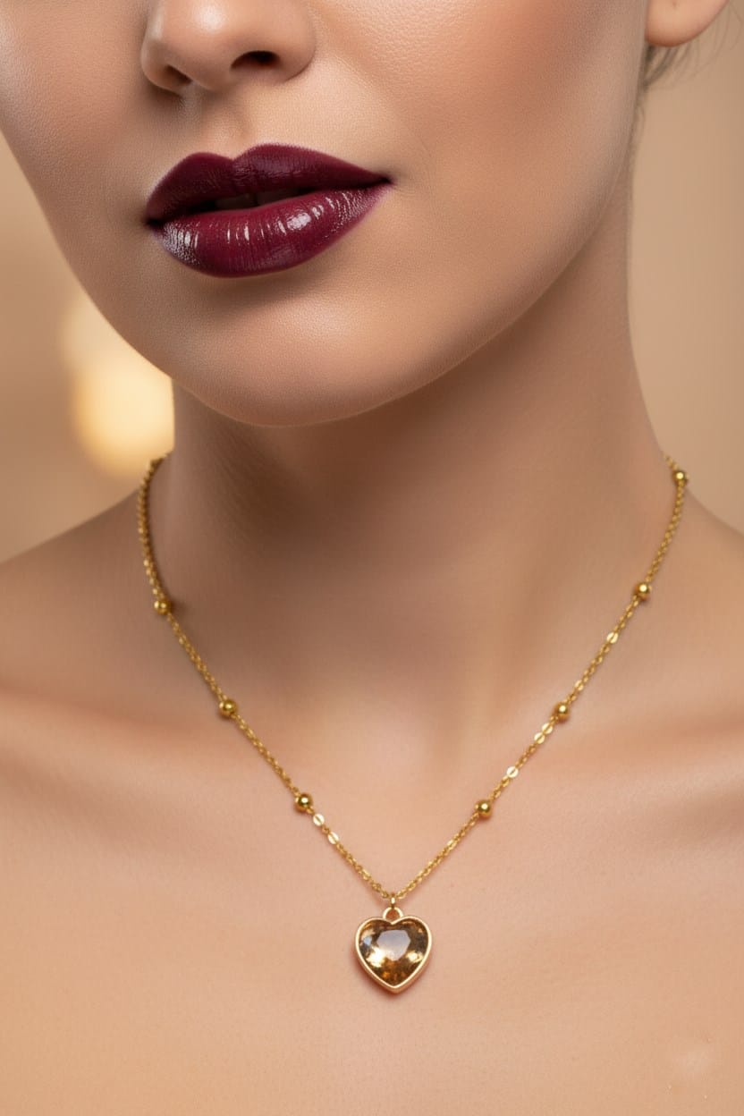 Toptan Altın Renk Amber Kalp Model Top Zincir Çelik Kolye- 3736 1 Toptan Altın Renk Amber Kalp Model Top Zincir Çelik Kolye- 3736