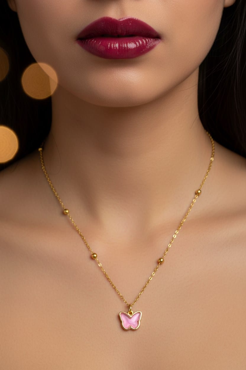 Toptan Altın Renk Pembe Taş Kelebek Model Top Zincir Çelik Kolye - 3755 1 Collier en acier avec chaîne à billes et pierre rose, modèle papillon, couleur or, vente en gros - 3755