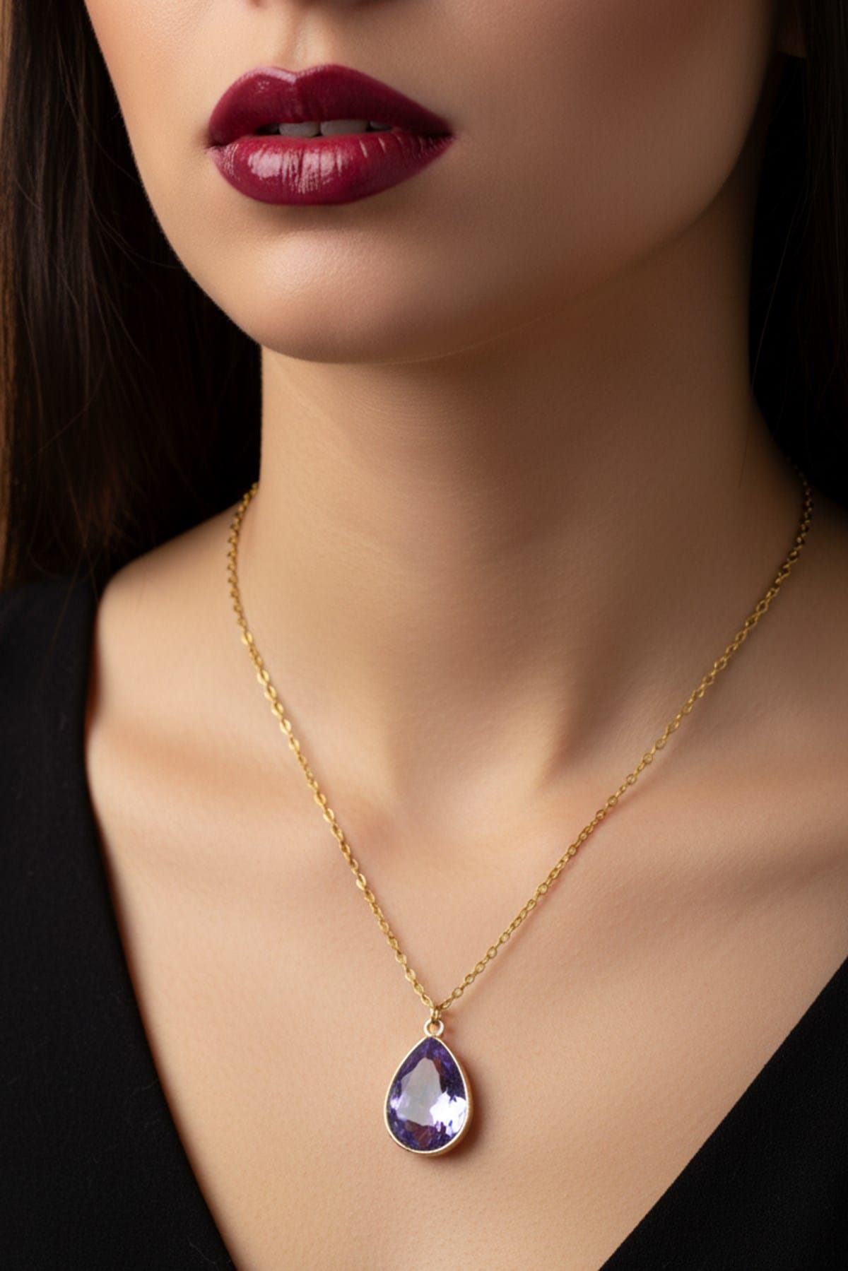 Toptan Altın Renk Lila Damla Model Sf Zincir Çelik Kolye- 3732 1 Collier en acier couleur or lilas modèle SF - 3732