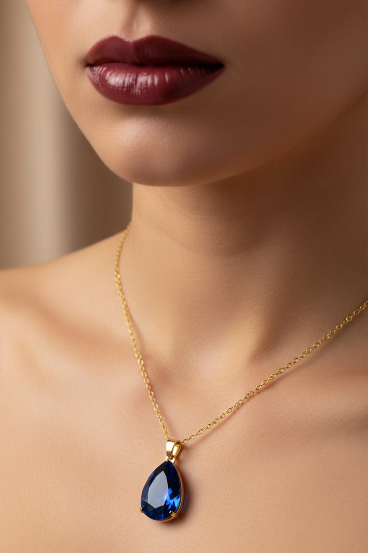 Toptan Altın Renk Lacivert Damla Model Sf Zincir Çelik Kolye- 3728 1 Großhandel Goldfarbe Marineblau Tropfen Modell SF Kette Stahl Halskette - 3728