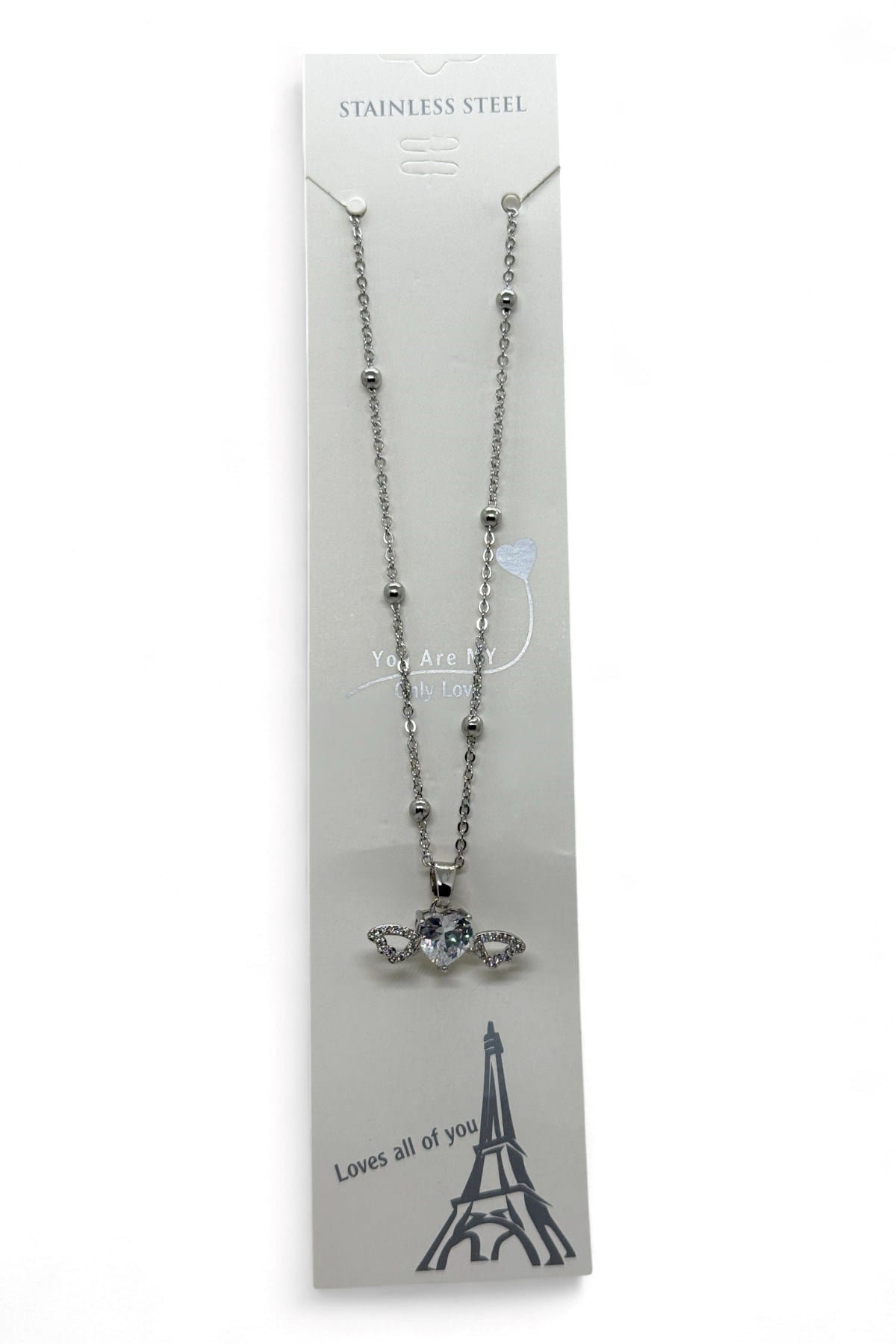 Großhandel Silber Farbe Weiß Herz Stein Herz Modell Kugel Kette Stahl Halskette-3779 3 Toptan Gümüş Renk Beyaz Kalp Taş Kalp Model Top Zincir Çelik Kolye -  3779 – Bild 3