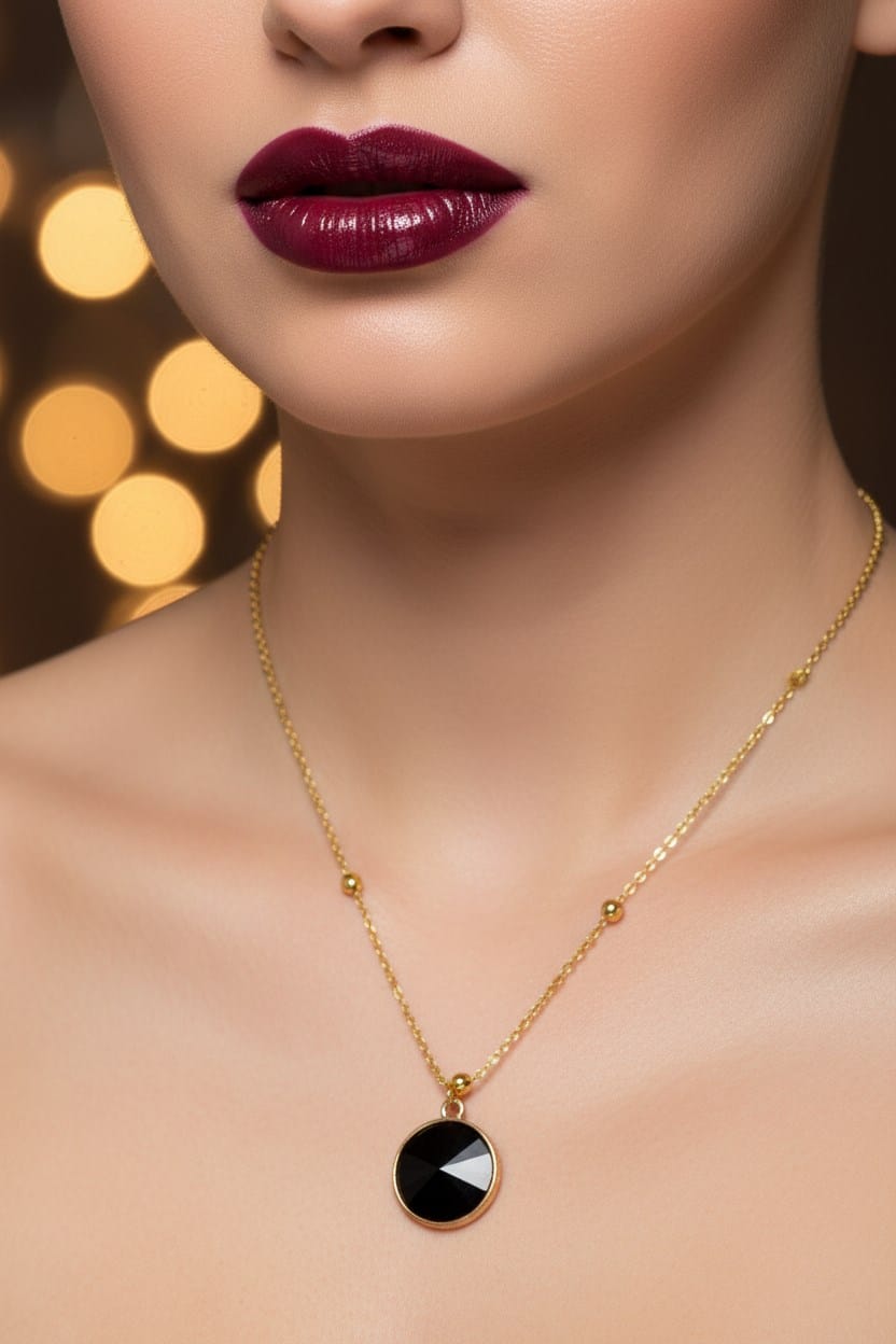 Toptan Altın Renk Siyah Taş Yuvarlak Model Top Zincir Çelik Kolye - 3757 1 Toptan Altın Renk Siyah Taş Yuvarlak Model Top Zincir Çelik Kolye - 3757