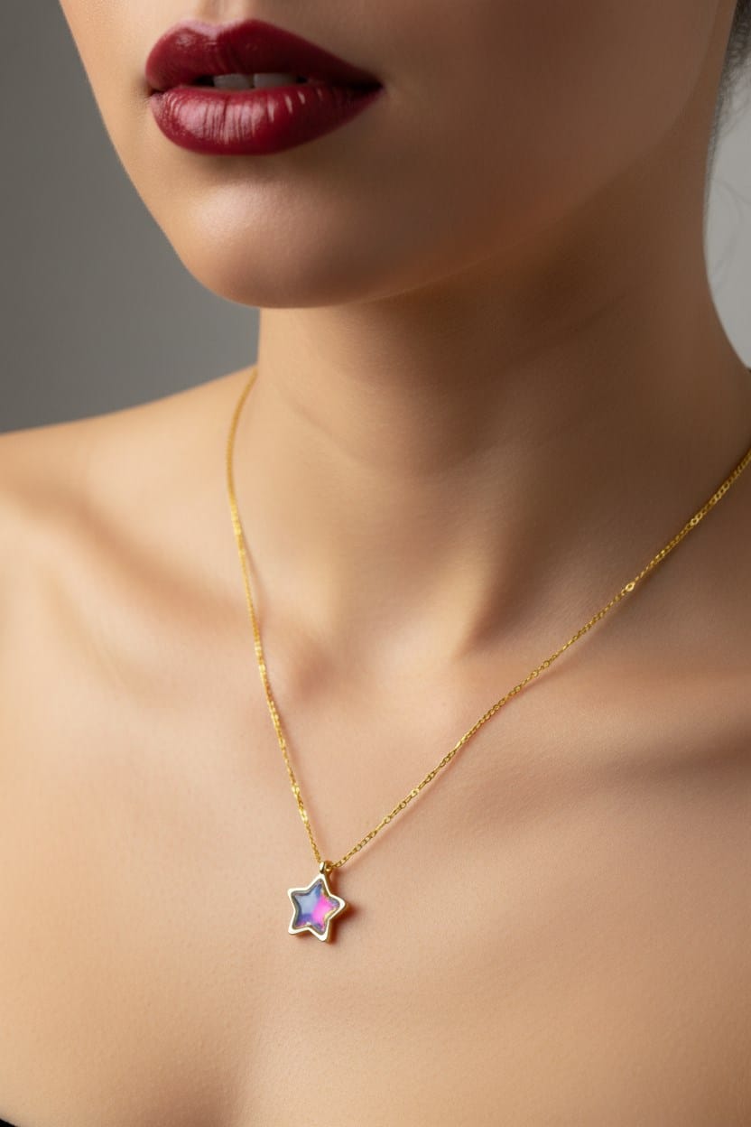 Toptan Altın Renk Fosforlu Taş Yıldız Model Sf Zincir Çelik Kolye - 3760 1 Wholesale Gold Color Phosphorescent Stone Star Model SF Chain Steel Necklace - 3760