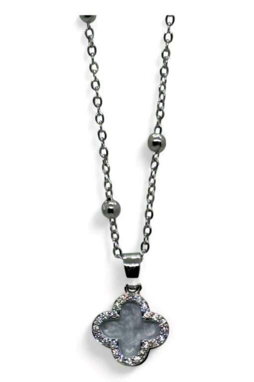 Toptan Gümüş Renk Beyaz Mineli Van Cleef Yonca Model Top Zincir Çelik Kolye-  3814 - Image 4