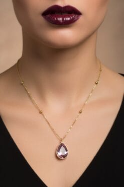 Toptan Altın Renk Pembe Damla Model Top Zincir Çelik Kolye- 3734