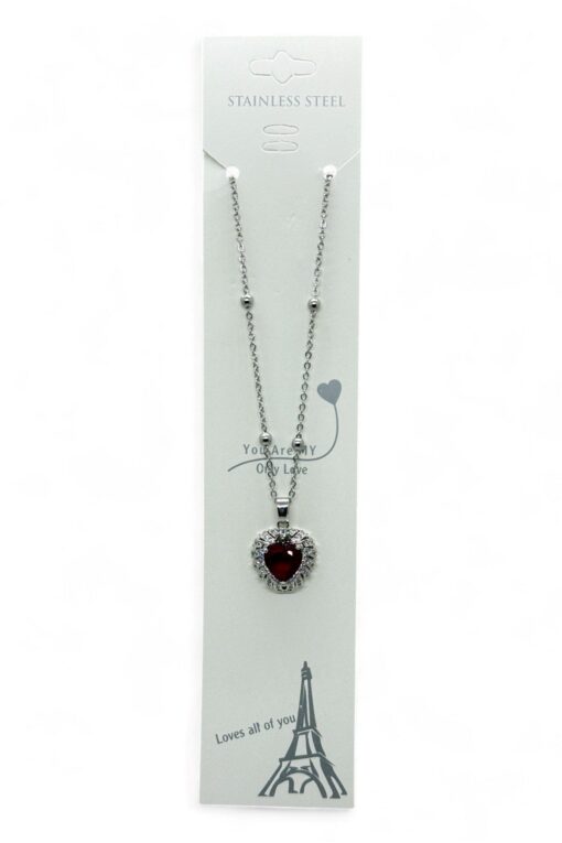 Toptan Gümüş  Renk Bordo Taş Kalp Model Top Zincir Çelik Kolye- 3810 - Görsel 3