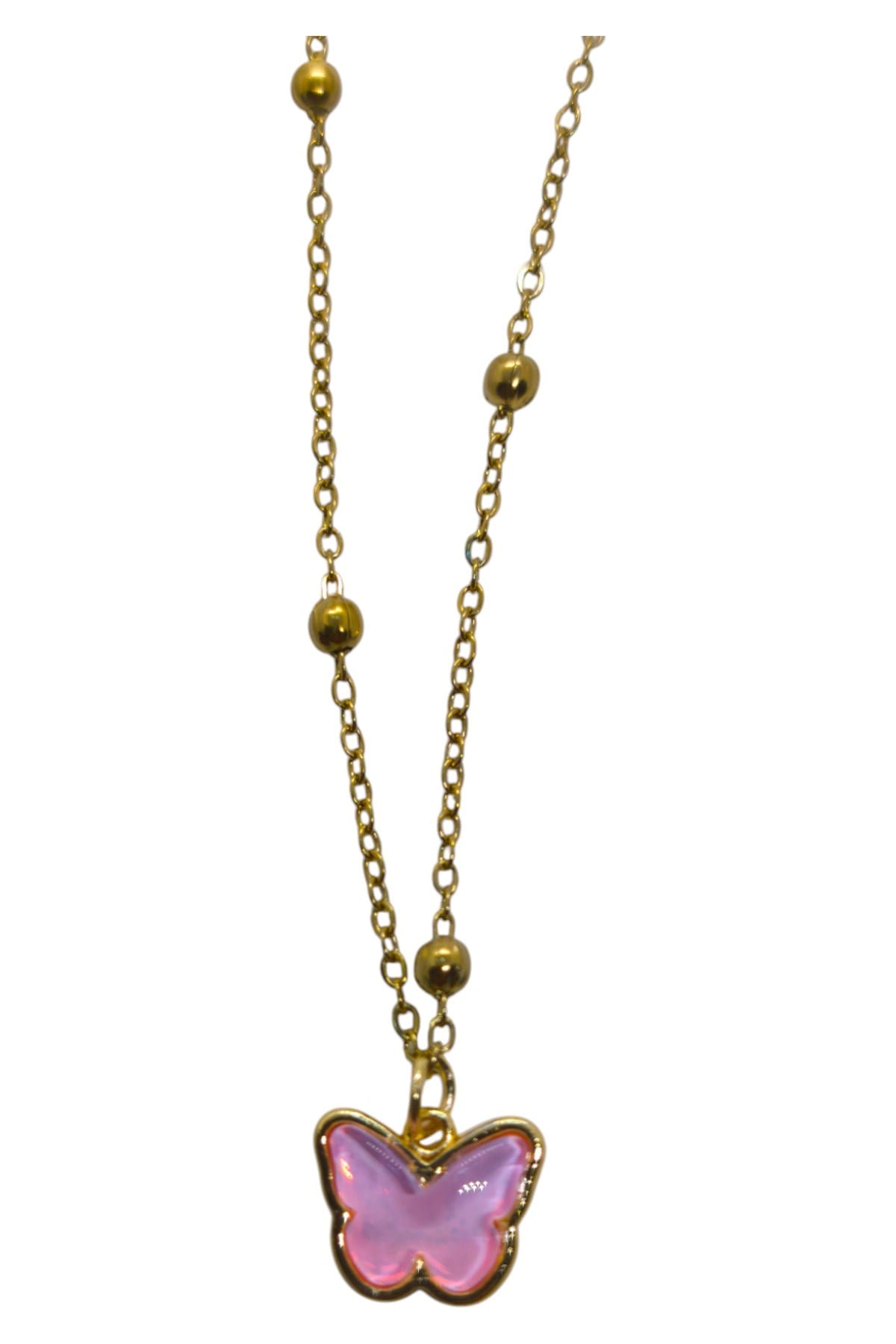 Toptan Altın Renk Pembe Taş Kelebek Model Top Zincir Çelik Kolye - 3755 2 Toptan Altın Renk Pembe Taş Kelebek Model Top Zincir Çelik Kolye - 3755 – Image 2
