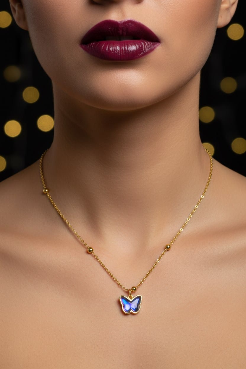 Toptan Altın Renk Mor Taş Kelebek Model Top Zincir Çelik Kolye - 3753 1 قلادة من الفولاذ بتصميم فراشة على شكل حجر أرجواني ذهبي اللون للبيع بالجملة - 3753