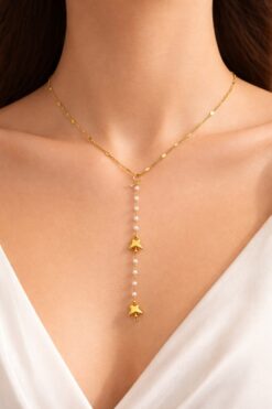 Toptan Altın Renk Ezme Zincir Kelebek İnci Ye Model Çelik Kolye - 3830