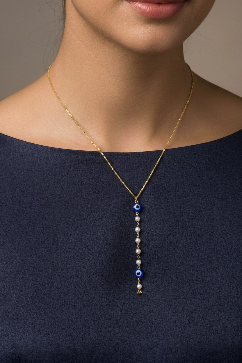 Altın Renk Ezme Zincir Nazar Göz İnci Oval Ye Model Çelik Kolye - 3832