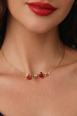 Wholesale Gold Color Red Enamel Fish Pandora Model Zircon Necklace - 2986