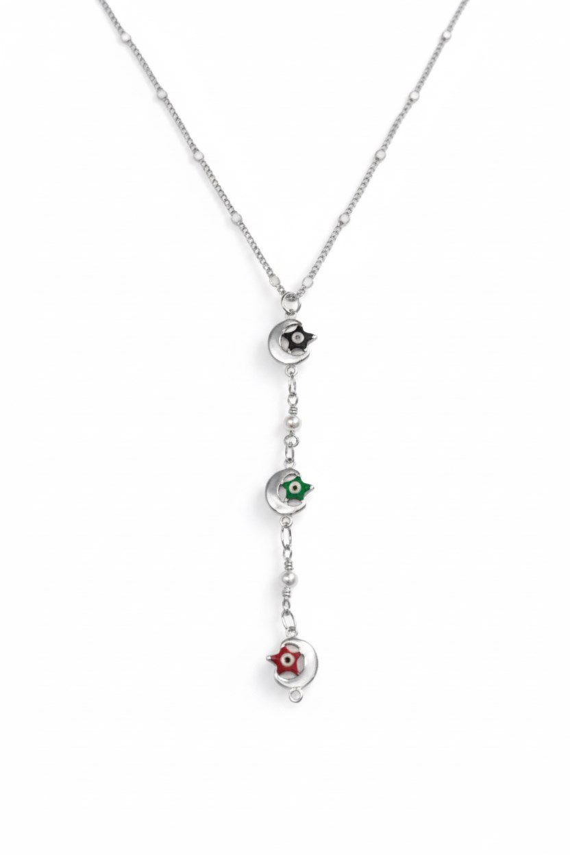 Gümüş Renk Ezme Zincir Ay Yıldız Ye Model Yeni Sezon Çelik Kolye - 3836