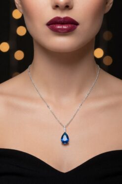 Sport Shop 15 Toptan Gümüş Renk Sıra Taşlı Lacivert Damla Model Sf Zincir Çelik Kolye - 3845