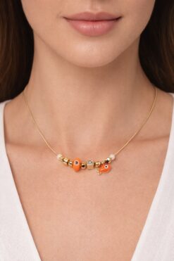 Wholesale Gold Color Orange Enamel Fish Pandora Model Zircon Necklace - 2994