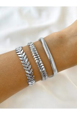 Toptan Gümüş Renk Kadın 3’lü Kombin Bileklik Seti Kılçık İtalyan Tırtıl Kombin Bileklik Seti - 3844