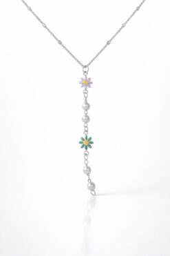 Toptan Gümüş Renk Ezme Zincir Çiçek İnci Ye Model Çelik Kolye - 3838