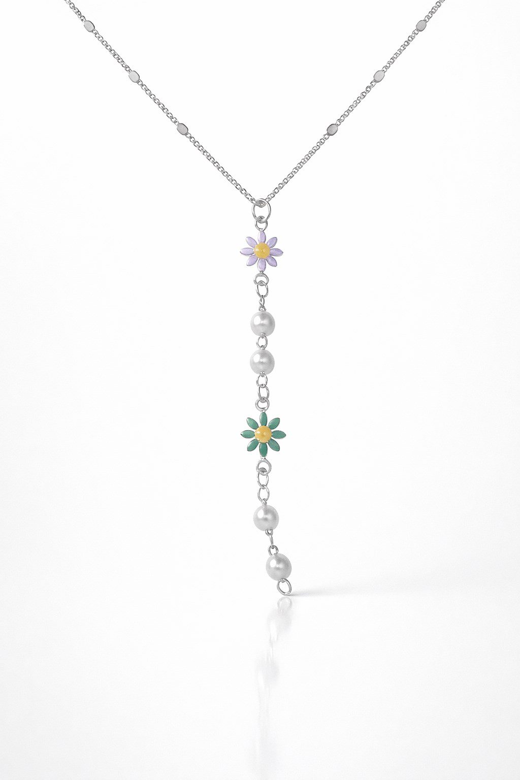 Gümüş Renk Ezme Zincir Çiçek İnci Ye Model Çelik Kolye - 3838