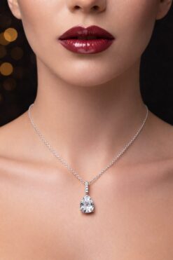 Toptan Gümüş Renk Sıra Taşlı Beyaz Damla Model Sf Zincir Çelik Kolye - 3868