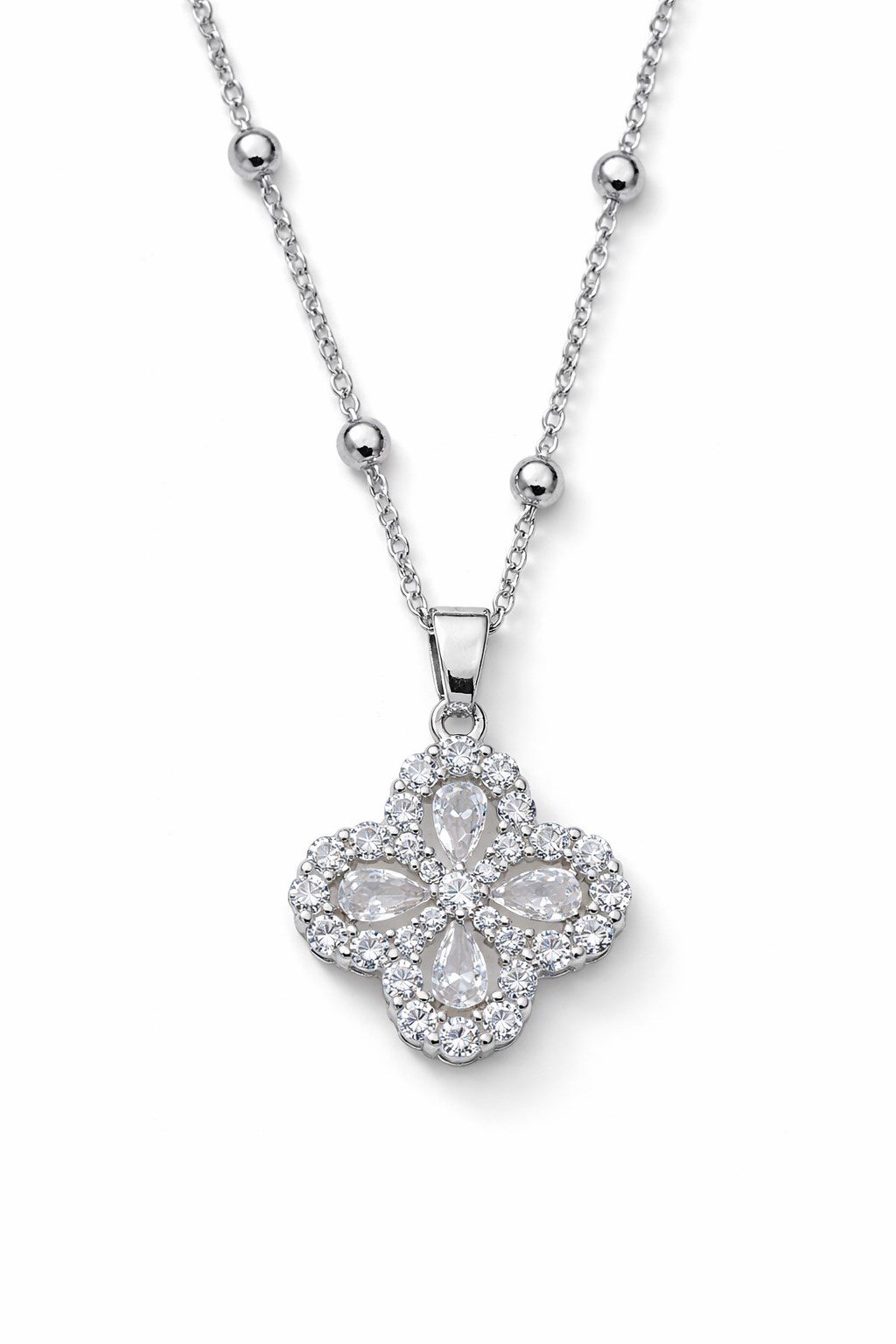 Gümüş Renk Beyaz Taş Van Cleff Yonca Damla Taşlı Model Top Zincir Çelik Kolye- 3858